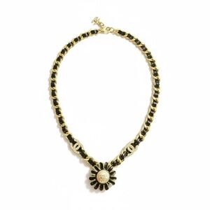 Elegant choker necklace gold-tone metal, black leather crystals faux pearl New